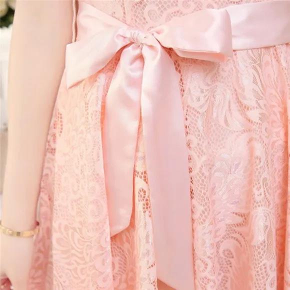 Women Vintage High Waist Super Fairy Holiday Dress Elegant Slim Lace Pleated Party Bow Dress