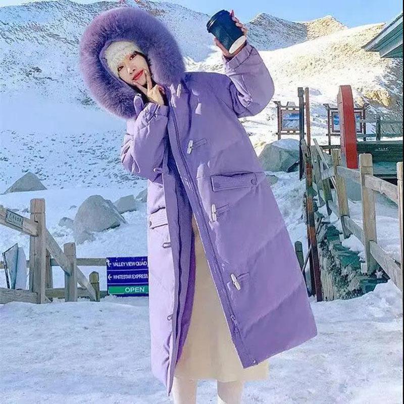 Ladies Down Jacket Winter Fashion Big Fur Collar Hooded Jacket Thick and Cotton Warm Mid-length Jacket