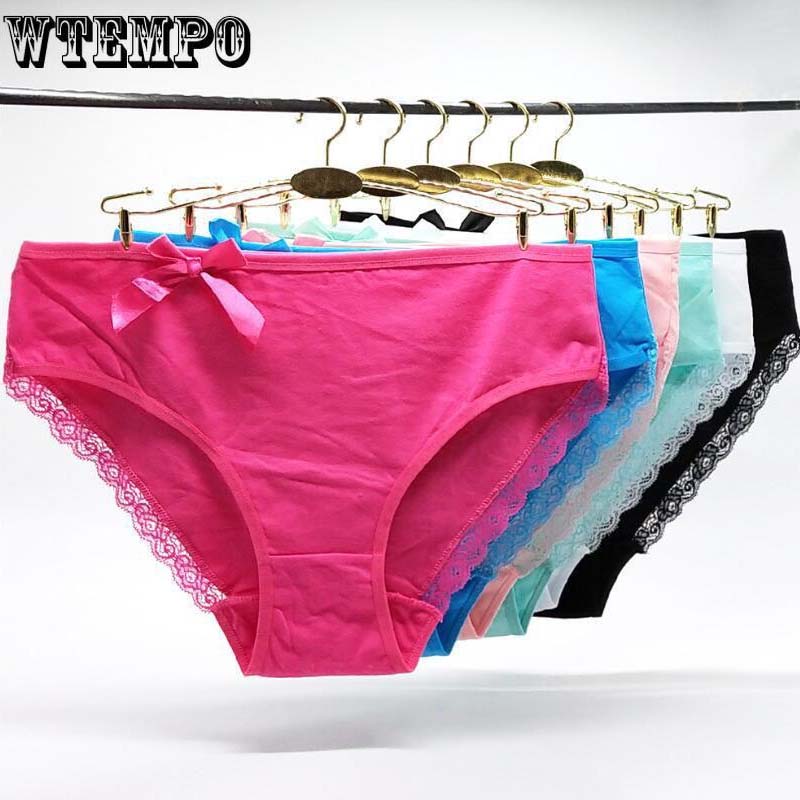 6pcs Women's Cotton Briefs Sexy Mid-rise Solid Lace Patchwork Panties Ladies Briefs Plus Size