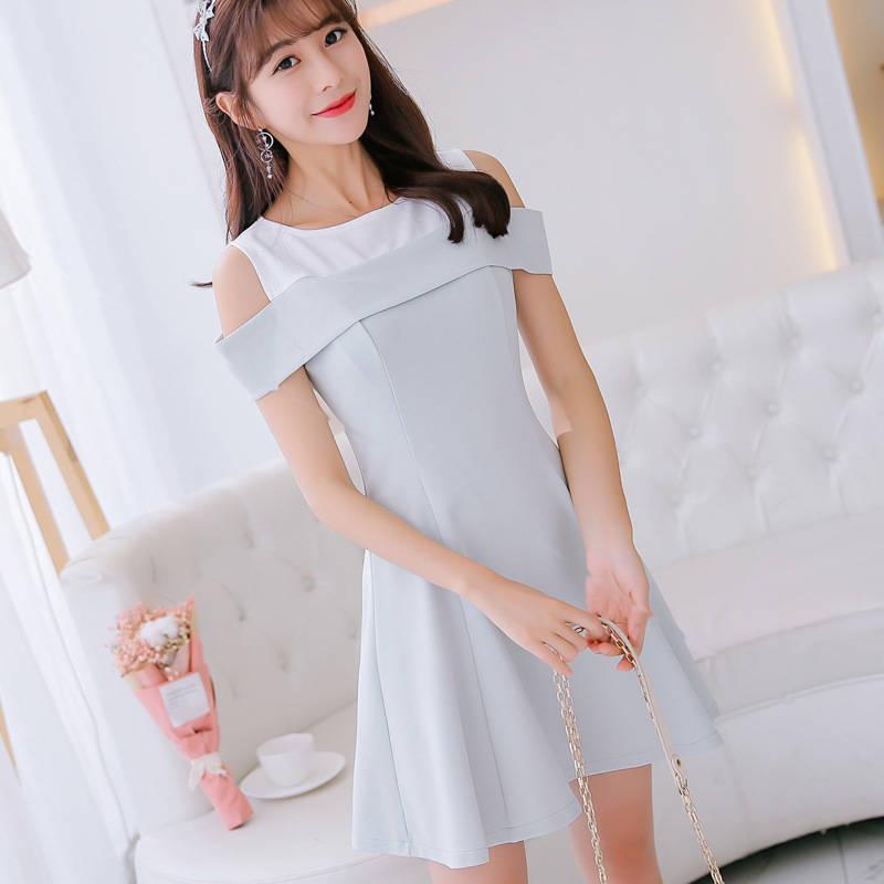 Fashion Summer Off-shoulder Round Neck Dress Stitching Sweet A-line Dress Sleeveless Sundress