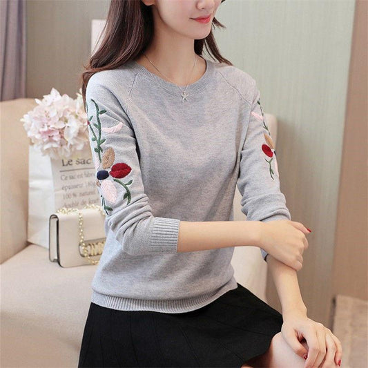 Knit Sweater Women Autumn Embroidered Knitted Bottoming Shirt Wild Round Neck Long-sleeved Sweater Women