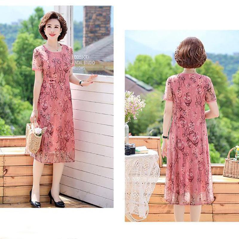 Mom Summer Dress Middle-aged and Elderly Women's Noble Mid-length Chiffon Over The Knee Summer Dress