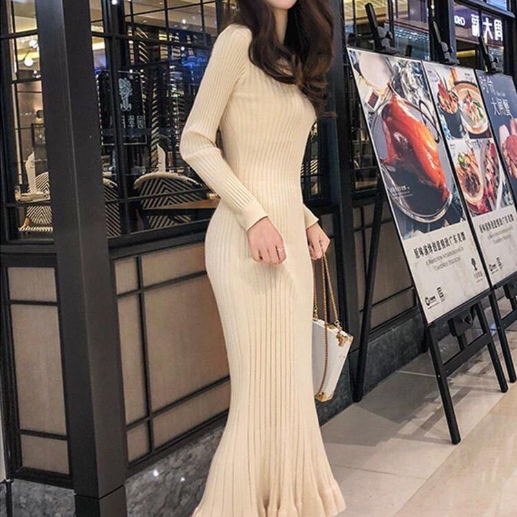 Fashion Slim Dress Winter Long Sleeve Half High Neck Buttoned Knit Sweater Mid-length Thin Dress