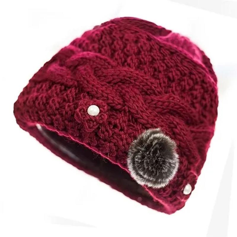 Women's Autumn and Winter Vintage Hat Mother Knitting Wool Thickening Plus Velvet Padded Warm Hat Handmade Knitted Floral Retro Cold-resistant Cap