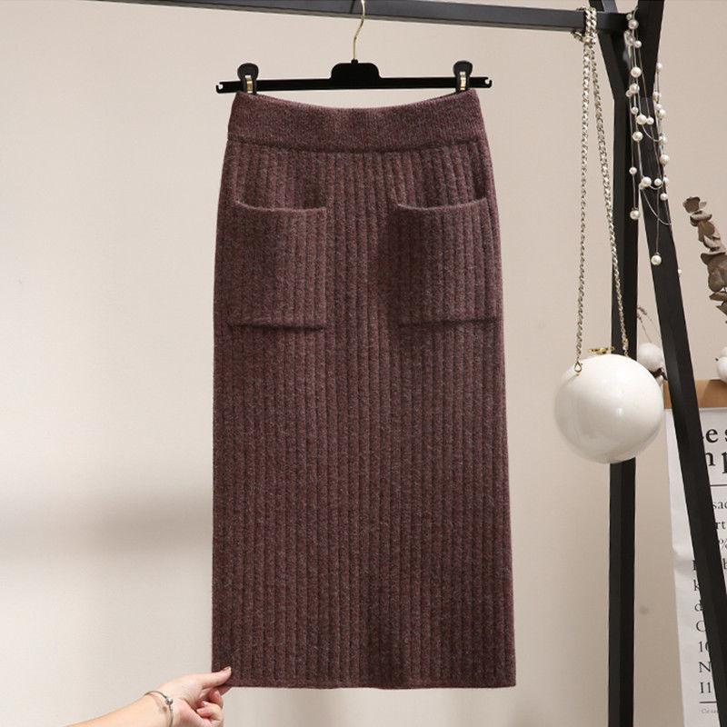 Thick Split Knit Skirt Women Tight Elastic Bodycon Skirt Autumn Winter Mini Pencil Skirt with Pockets