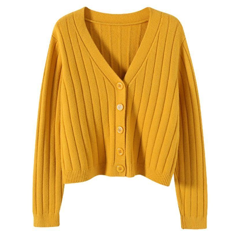 Autumn and Winter Short Style Loose Long-sleeved V-neck Sweater Knitted Cardigan Coat Shawl Solid Color Cropped Top Women