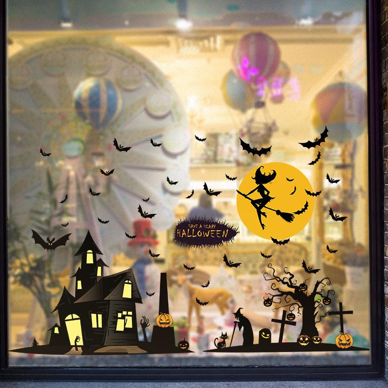 Halloween Witch bats Wall Sticker Shop Decorating Window Glass Doors Background Removable Stickers