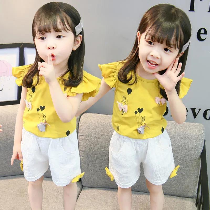 2PCS Children Clothing Set Spring Summer Girls Suits Printing Short Sleeve Tops + Pants Clothing Set