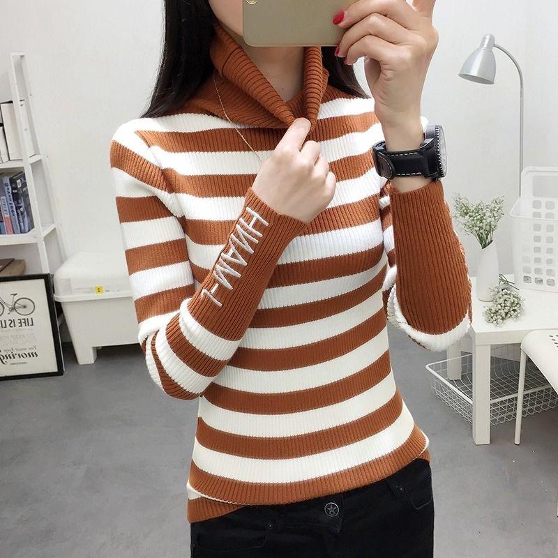 Autumn and Winter Black and White Striped Turtleneck Sweater Slim Sexy Bottoming Shirt Elegant Simple Blouse