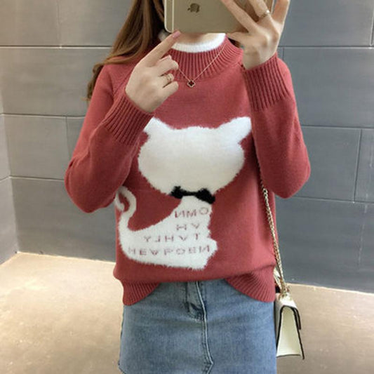 Long-sleeved warm thick sweater female autumn and winter high collar loose printed sweater