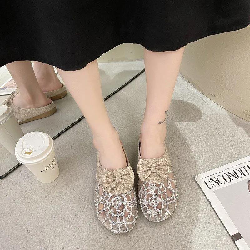 Lace Closed-toe Half Slippers Female Summer Hollow Linen Woven Loafers Lazy Outer Wear Sandals and Slippers