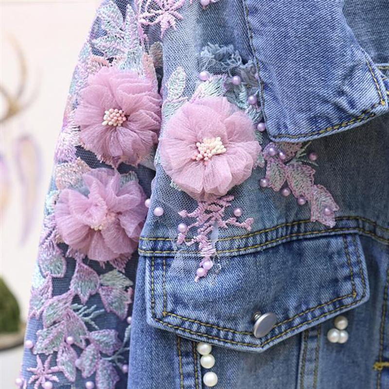 Spring and Autumn Heavy Industry Embroidery Three-dimensional Flower Hole Denim Short Jacket Women's Loose Long Sleeve Jacket Top