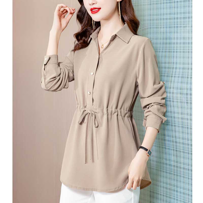 Shirt Women's Spring and Autumn Large Size Long-sleeved Waist Top Mid-length Solid Color Shirt