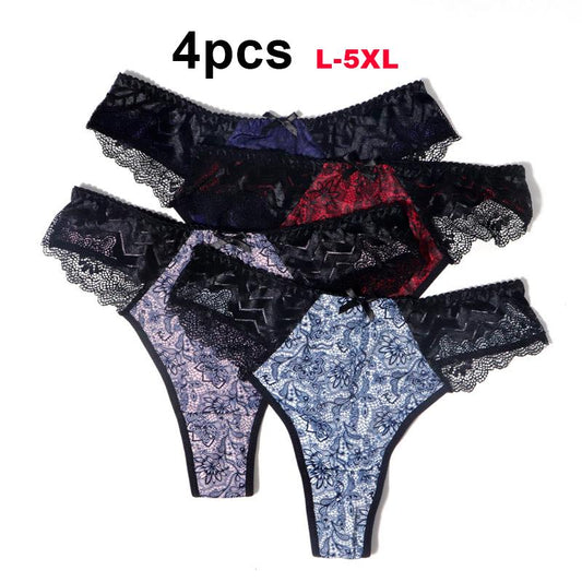 4PCS Plus Size Ladies Thong Sexy Lace Panties Low Waist Ladies T Pants Printed Panties