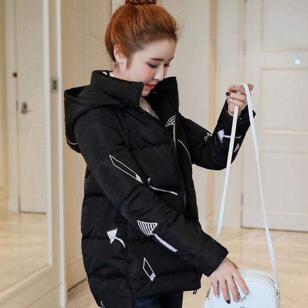 Women Winter Hooded  Jacket Short Cotton Padded Ladies Plus Size  Coat Print Thicken Warm  Parka Stand Collar