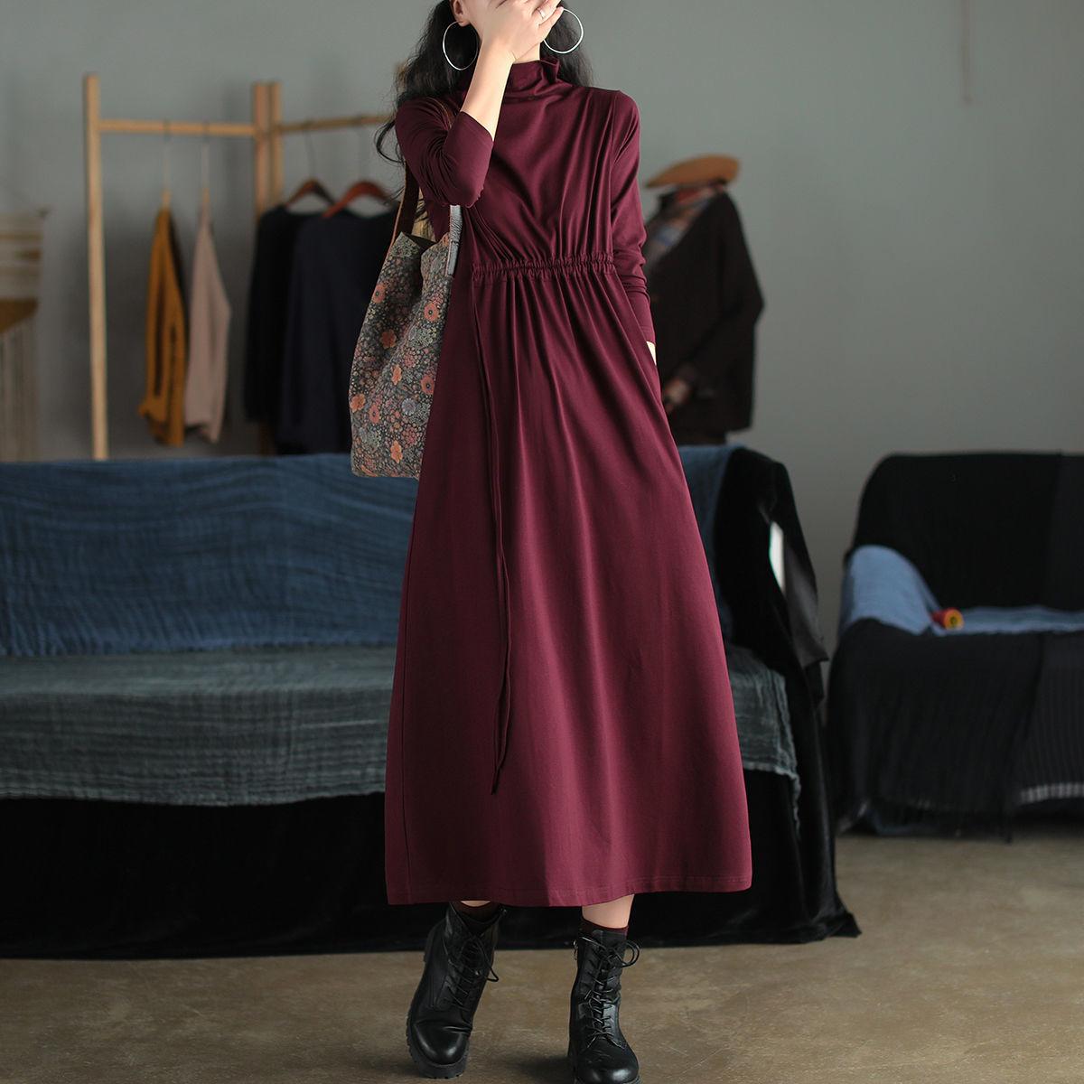 Cotton Lace-up Long-sleeved Dress Women's Autumn 2021 New Loose and Versatile Literary Retro Half-high Collar Mid-length Dress