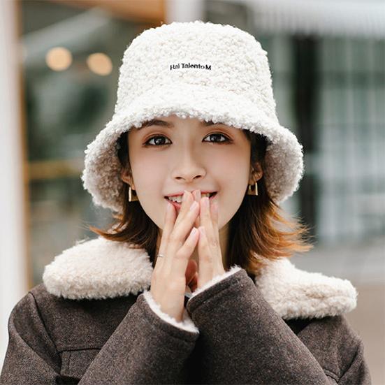 Women's Lamb Cashmere Hat Outdoor Warm Bucket Hat Solid Fluffy Fishing Cap Women Winter Fisherman Hat