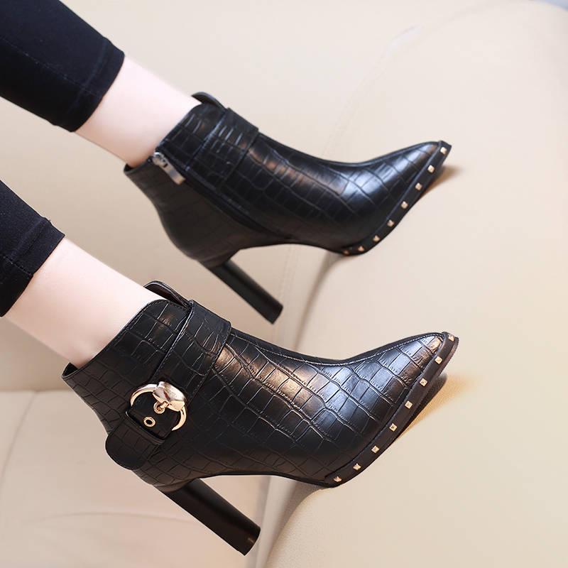 Women's Boots Pointed Toe Ankle Boots Thick Heel High Heels Shoes Woman Female Boots Winter