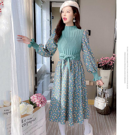 Autumn  Winter Corduroy Dress Women's Knitted Stitching Long-sleeved Long Floral Dress Sweet A-line Dress with Belt