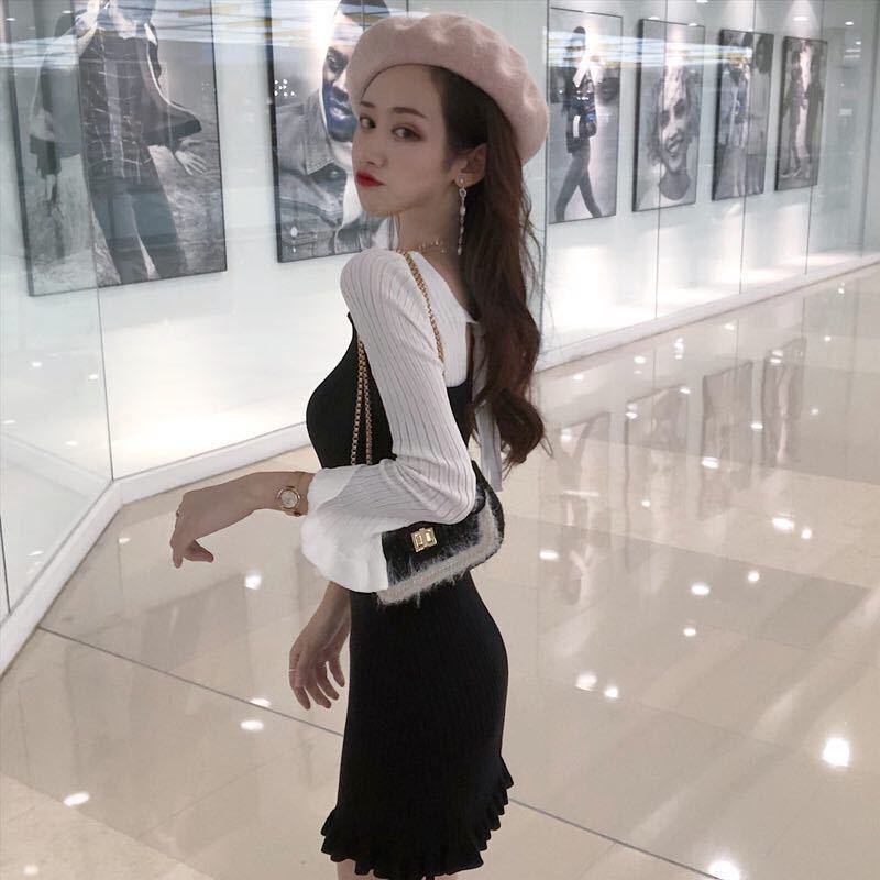 Female Vintage Long Sleeve Knitted Holiday Graceful Dress Slim Ruffle Elegant Short Party Dress