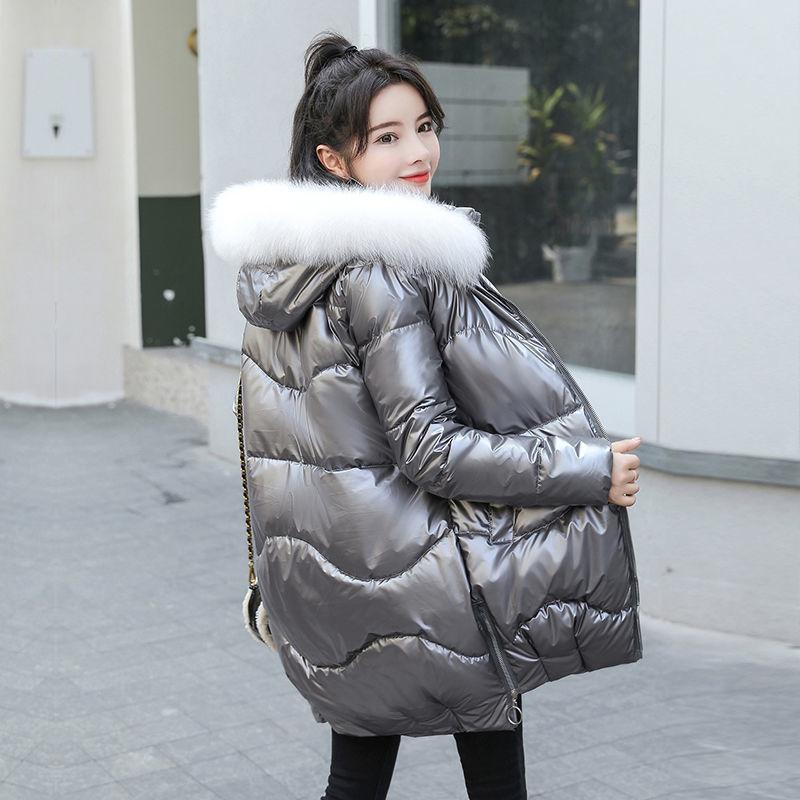 Winter Women Mid-length Parkas Jackets Casual Female Thicken Warm Hooded Jackets Coat Windprood Shiny Parka Coat with Fur Collar