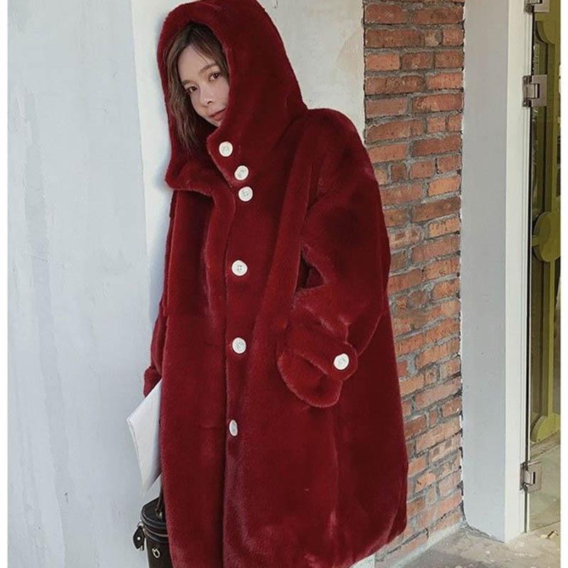 Autumn and Winter Imitation Mink Cardigan Hooded Loose Mid-length Lazy Sweater Plus Size Jacket Women