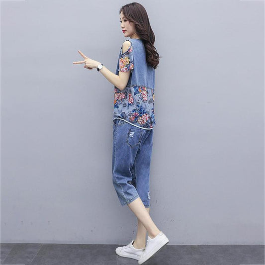 WTEMPO Denim Suit  Women's Plus Size 2pcs Suit  Spring and Summer Short  Sleeve Loose Casual Two-piece Set