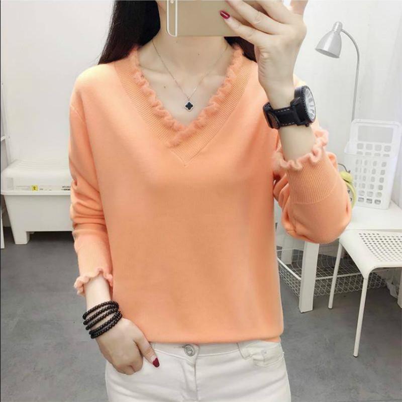 Solid Color Wild V-neck Sweater Knitted Bottoming Long-sleeved Loose Pullover Sweater