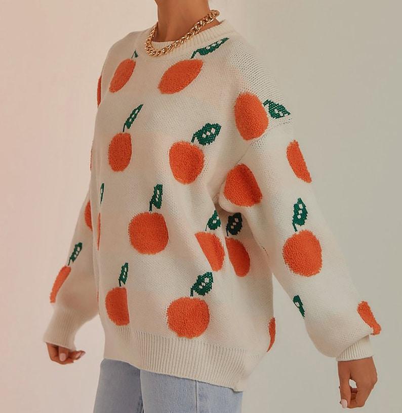 Orange Fruit Winter Knit Sweater, Female Crew Neck Pullover, Long Sleeve Jumper, Women Casual Sweatshirt