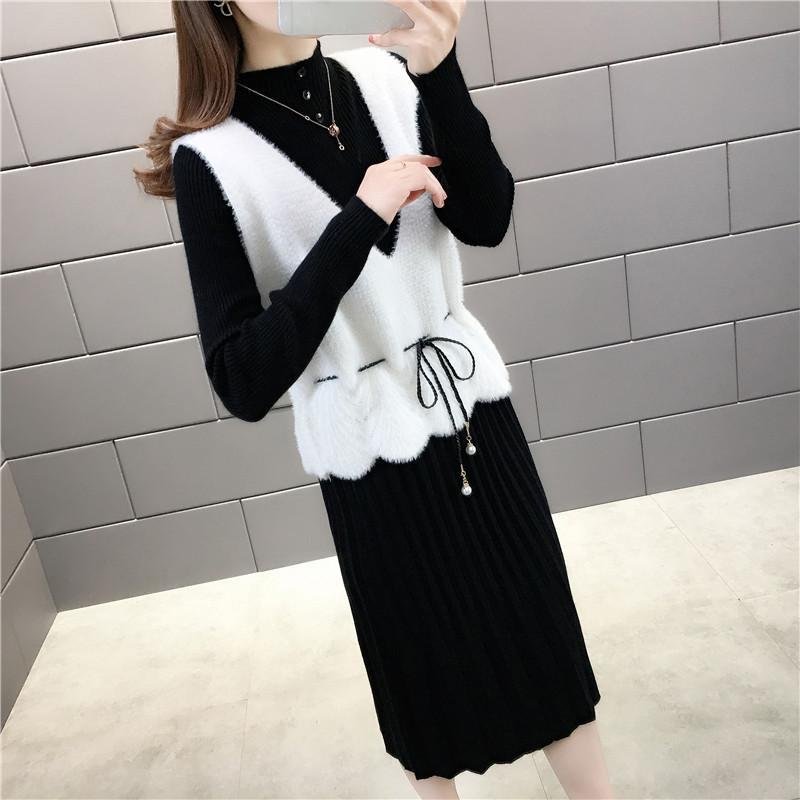 Women's Sweater Dress Set Autumn Waist Knit Mohair Vest and High Neck Slim Sweater Dress Two-piece Suit Ladies Outfits