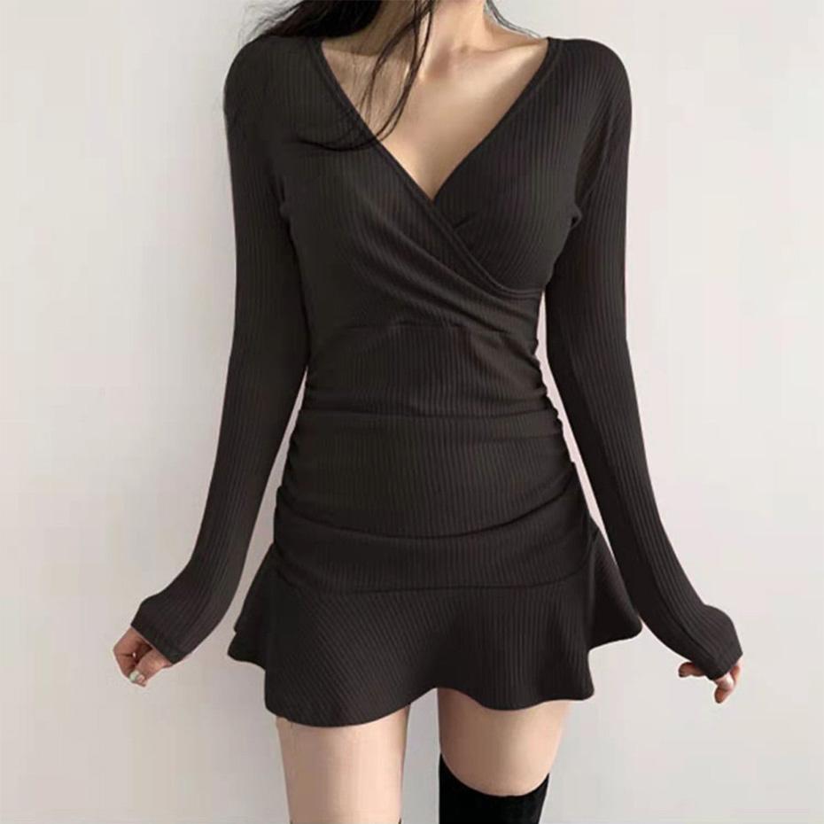 Long-sleeved T-shirt Dress Female Irregular Spring V To Take The Air Black Care Machine Package Hip Skirt