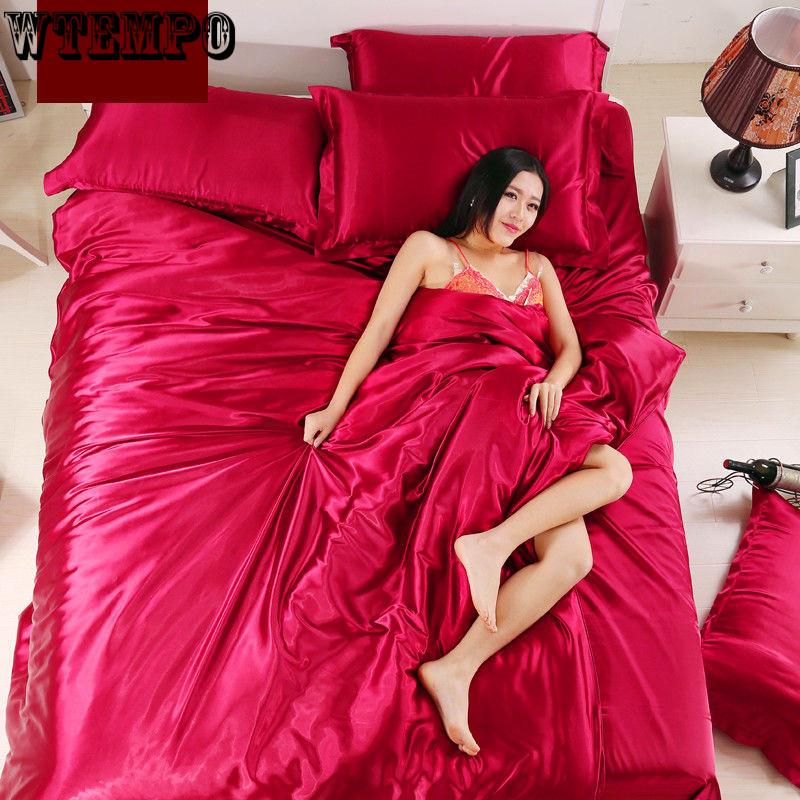 Four-piece Set of Wed Bed Set Pillowcase Couvre Lit Luxury Wrinkle Home Ptian Cotton Satin