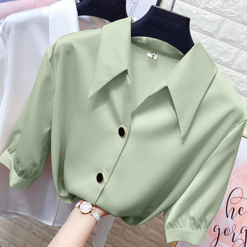 Thin Ladies Shirt Design Niche Sense of Spring and Summer Girly Mid-sleeve Chiffon Top Work Shirt Fabric Light and Breathable Elegant Temperament