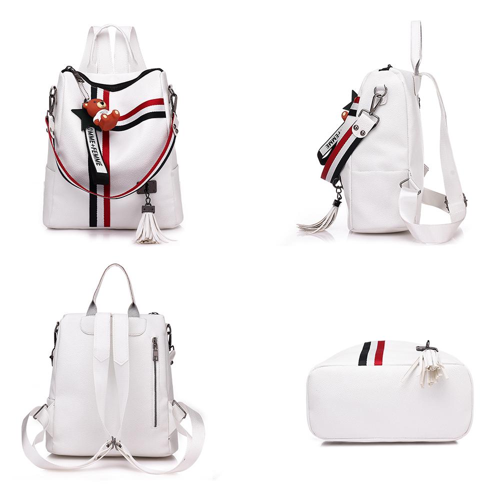 Fashion Cartoon School Bag Female PU Leather Travel Bag Gril's Stripe Pendant Backpack