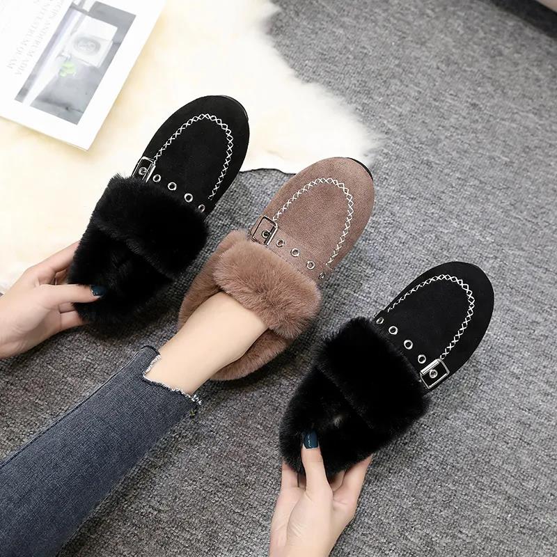 Plus Velvet Warm Snow Plush Shoes Women's Non-slip Flat Cotton Shoes All-match Peas Shoes Pedal Lazy Shoes Comfortable and Soft