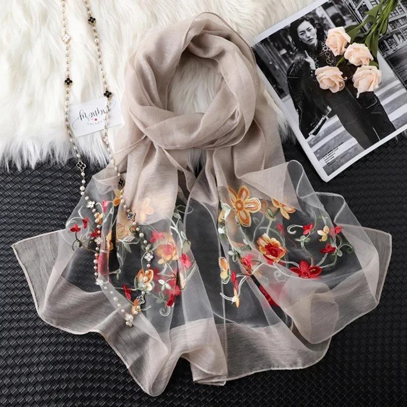 Women's Sunflower Embroidered Scarf Warm Autumn Winter Simulation Silk Mulberry Scarf Thin Solid Floral Neck Cover Female Wrap Shawl Sweet Lace Scarf