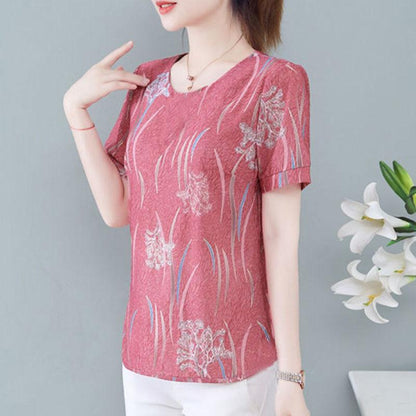 Women Thin Gauze Shirt Flower Print T-shirt Summer Short Sleeve Shirt Casual Tunic Pullover