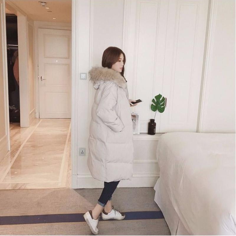 Autumn and Winter Ladies Down Padded Jacket Long Over The Knee Fur Collar Hooded Down Padded Jacket Slim Hooded Padded Warm Parka Coat