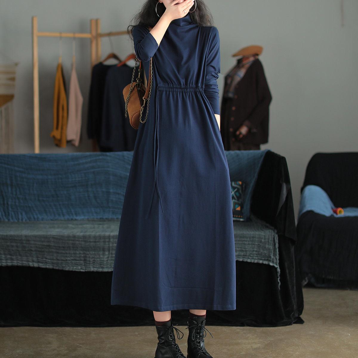 Cotton Lace-up Long-sleeved Dress Women's Autumn 2021 New Loose and Versatile Literary Retro Half-high Collar Mid-length Dress