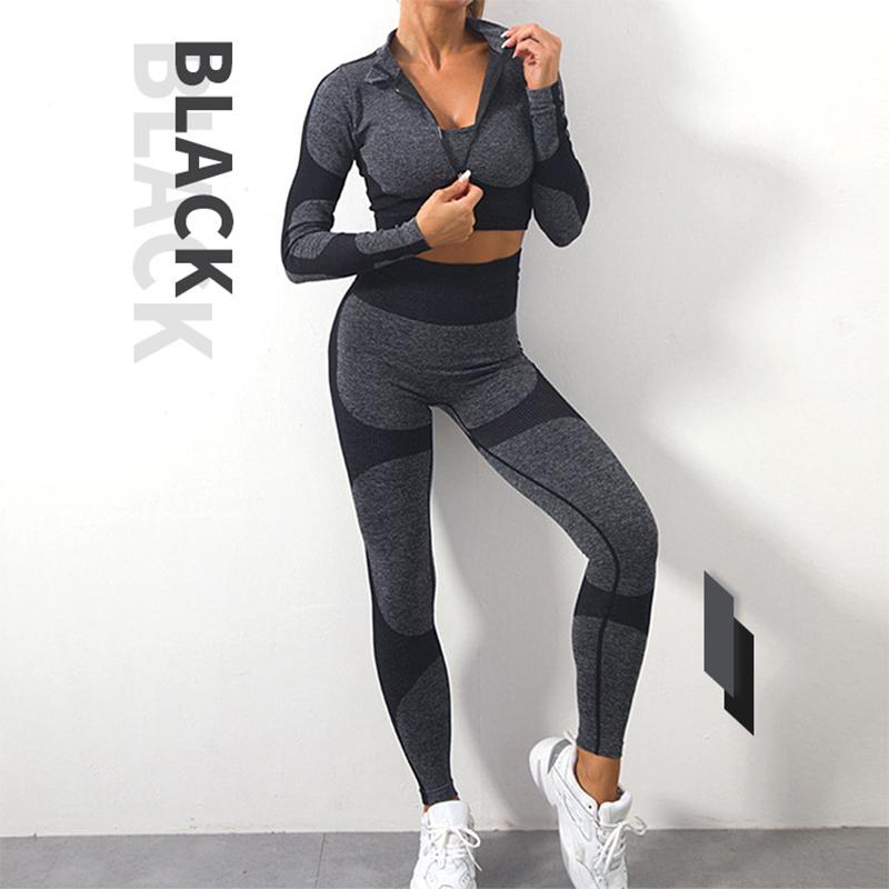 3PCS Women's Long Sleeve Yoga Clothing Set Seamless Knit Butt Lifting Pants Gym Fitness Bodybuilding Set Tracksuit Active Wear Sports Elastic Outwear