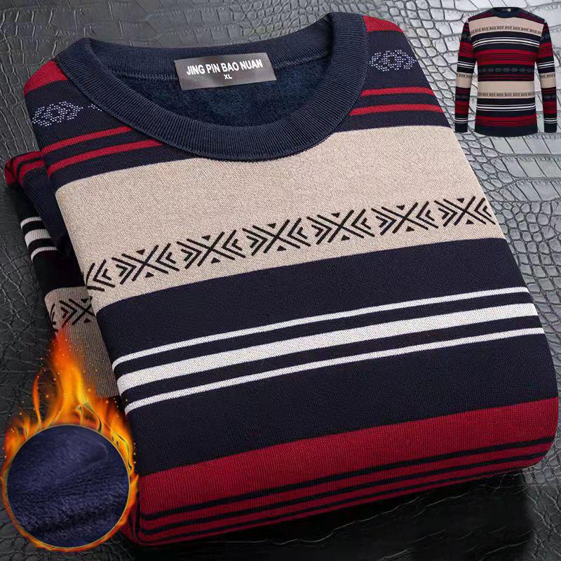 WTEMPO Winter Pullover Cashmere Padded Warm Shirt Soft and Comfortable Pullover Striped Shirt for Men