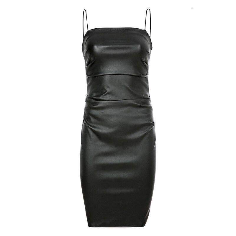 Sexy Leather Dresses for Women Solid Striped Ruched Slit Back PU Leather Bodycon Dresses Clothing