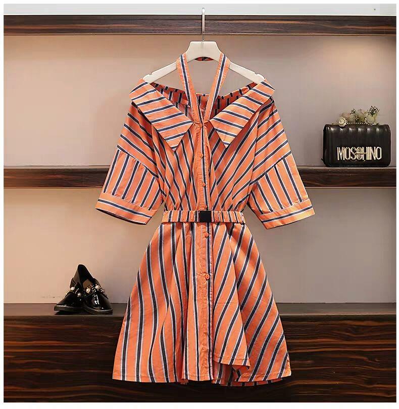 Women Halter Strap Dress Female Summer Skirt V-neck Striped Shirt Dress for Party Office