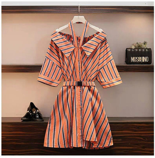 Women Halter Strap Dress Female Summer Skirt V-neck Striped Shirt Dress for Party Office