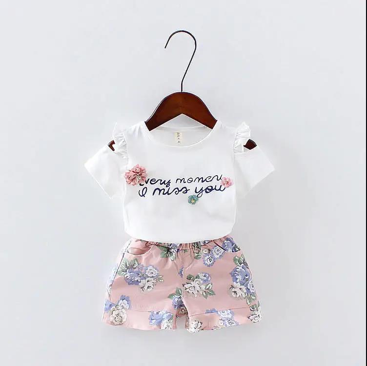 2PCS Children Clothing Set Spring Summer Girls Suits Printing Short Sleeve Tops + Pants Clothing Set