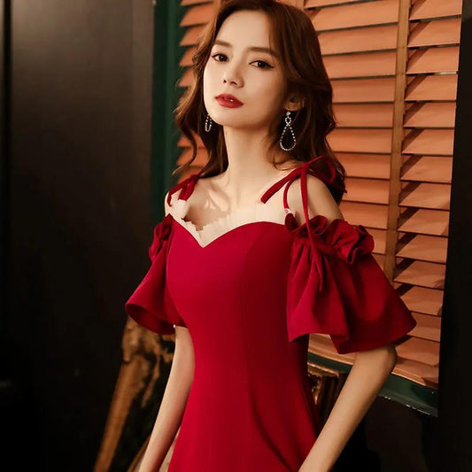 Toast Dress Bride Wine Red Long Style Can Usually Wear Wedding Evening Dress Female Sling Atmosphere Back To The Door Was Thin