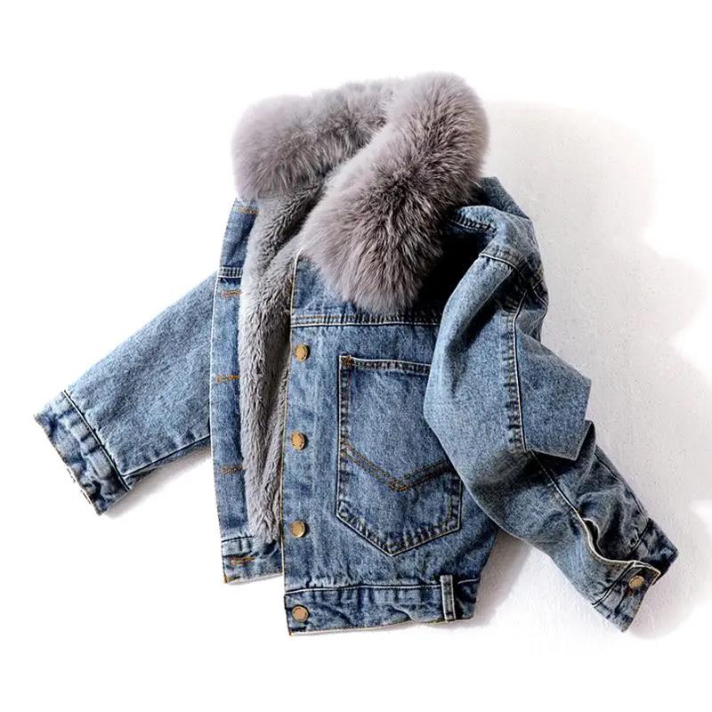 Denim Cotton Jacket Women Short Winter Korean Rabbit Fur Collar Plus Velvet Thick Loose Cotton Student Jacket