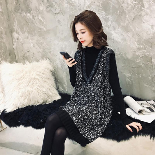 Autumn and Winter Sweater Suit Women's High Neck Knitted Bottoming Shirt and sleeveless Glittering Vest Sweater Skirt Two-piece Ladies Outfits