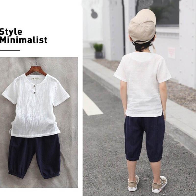 Boys Summer Cotton Linen Breathable Suit Cool and Comfortable Light Thin Solid Color Short Sleeve + Shorts Two-piece Set