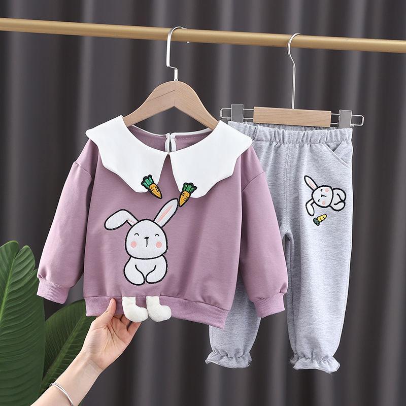 Girls Suit Spring and Autumn Children's Suit Sweatshirt Two-piece Rabbit Embroidery Suit Loose Solid Color Sets